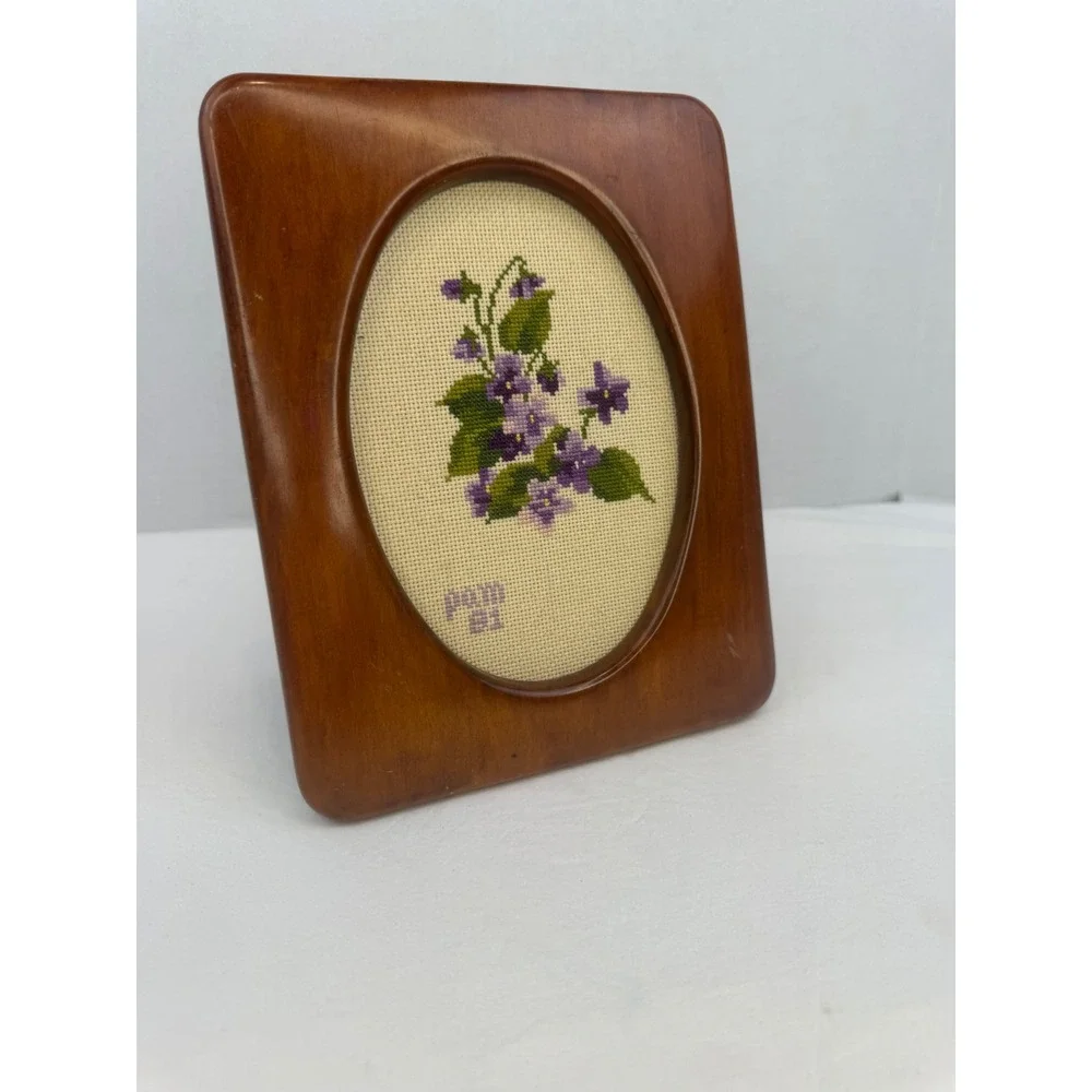 Vintage 80's Hand Stitched Violet Cross Stitch Floral Oval Wood Frame 7x9